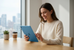 Una fotografía de estilo publicitario de alta resolución muestra a una mujer joven y feliz, con una sonrisa genuina , sentada en un escritorio de madera clara en una oficina en casa moderna y minimalista. Sostiene e interactúa con el iPad de color azul (Az ul 2025) exacto, que está en primer plano y en foco. La pantalla del iPad está encendida y muestra una aplicación de edición de fotos vibrante. La mujer lleva un suéter de punto de color crema. El fondo está suavemente desenfocado, mostrando una gran ventana con vista a la ciudad y algunas plantas de interior. La iluminación es natural y suave, resaltando los detalles del dispositivo y la expresión de la mujer.