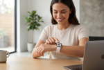 Una fotografía de estilo de vida profesional muestra a una mujer joven y sonriente sentada en una mesa de madera en un interior moderno y luminoso. Ella lleva el Apple Watch SE 3 de 40 mm GPS en color blanco, con su caja plateada y correa deportiva blanca, interactuando con la pantalla táctil. El reloj está claramente visible y en foco, mostrando la esfera detallada. A su lado hay un ordenador portátil y una taza, con una planta verde al fondo, todo bajo una iluminación de estudio suave y natural .