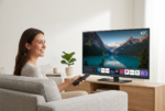 Una toma de estilo de vida profesional y luminosa en un salón moderno y minimalista, donde una mujer sonriente está sentada cómodamente en un sofá gris, sosteniendo un mando a distancia y mirando hacia el televisor LG Smart TV 43 UA75 4K 43”. El televisor, que mantiene su diseño exacto, pe ana y la imagen de pantalla con el paisaje montañoso y la barra de aplicaciones inferior idéntica a la referencia, está colocado sobre un mueble de madera clara. La escena cuenta con iluminación de estudio realista y una profundidad de campo sutil, manteniendo el producto nítido y visible.