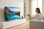 Una fotografía public itaria de estilo de vida en 4K muestra a una mujer sonriente sentada en un sofá gris, apuntando con el control remoto hacia un televisor LG Smart TV 50 UA75 4K de 50 pulgadas. El televisor, que mantiene su diseño exacto con patas oscuras y puertos laterales visibles, muestra un vibrante paisaje montañoso con un lago turquesa. Está colocado sobre un mueble blanco minimalista en un salón moderno y luminoso con suelos de madera y una gran ventana al fondo. La iluminación de estudio es suave y natural, manteniendo el producto enfocado y claramente visible.