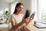 Una fotografía publicitaria de estilo e-commerce muestra a una mujer joven y sonriente sentada a una mesa de madera en una habitación luminosa y moderna. Viste una camiseta beige y pantalones claros. Sostiene dos teléfonos inteligentes Xiaomi Redmi Note 15 Pro 5G en color negro; uno en su mano derecha mostrando la parte trasera con su módulo de cámara triple y el logo de Redmi, y otro en su mano izquierda mostrando la pantalla enc endida con una galería de fotos. En la mesa hay un ordenador portátil plateado cerrado y una taza de café. Al fondo se ve una planta de interior y una ventana. La iluminación es natural y suave.